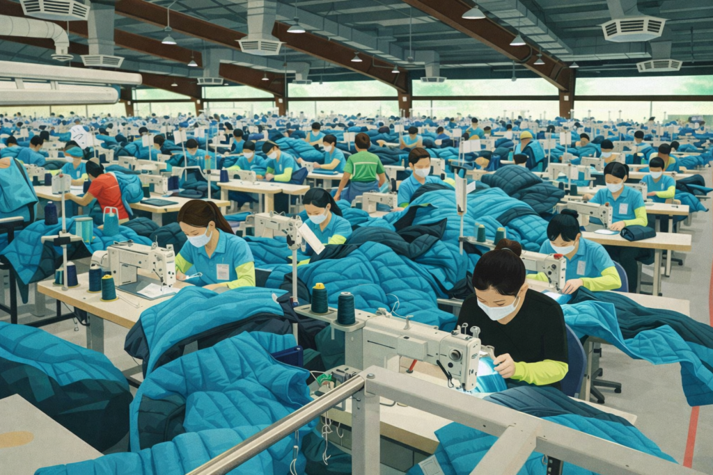 Workers sewing garments inside a modern factory in Vietnam's textile sector