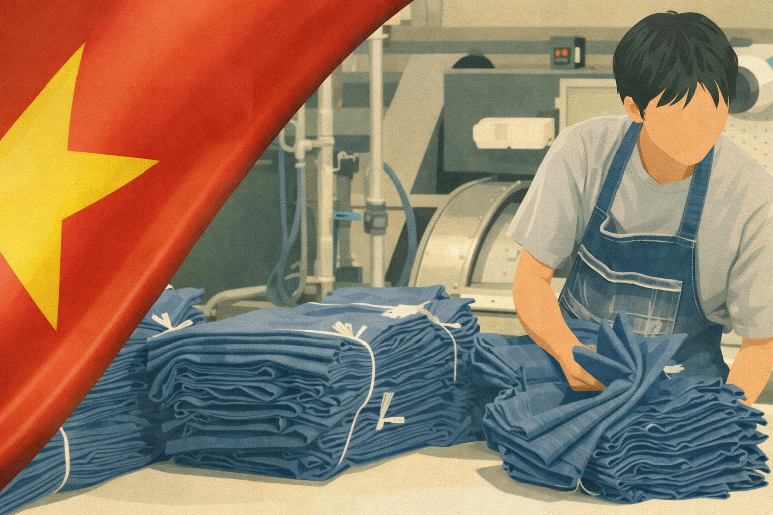 Worker folding garments in a factory representing the growth of Vietnam's textile sector and sustainable manufacturing development.